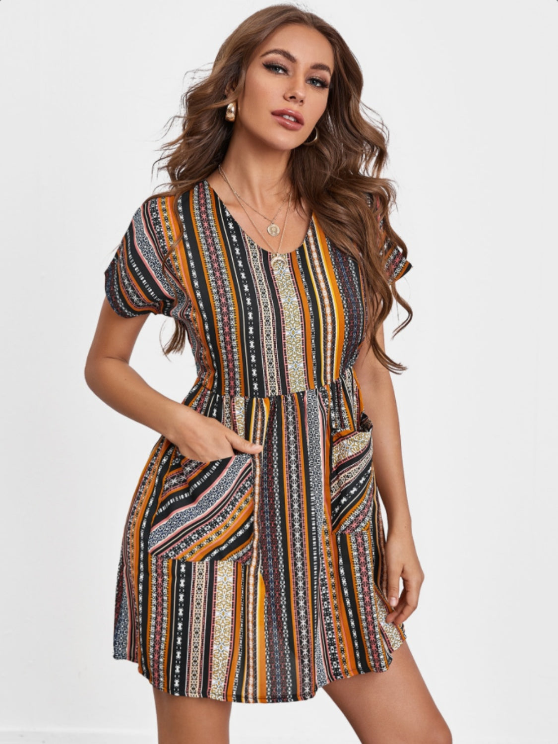 Pocketed Striped Short Sleeve Dress-Angel Casuals