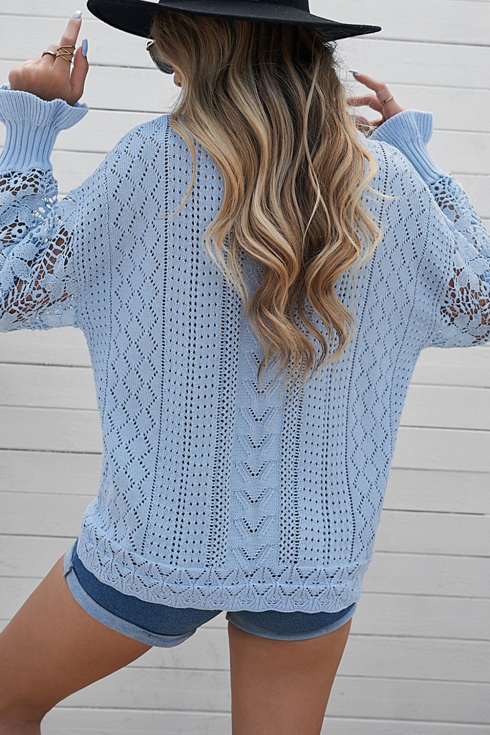 Openwork Round Neck Long Sleeve Sweater-Angel Casuals