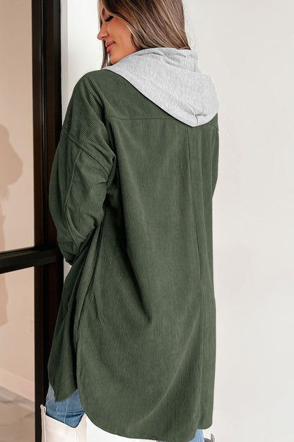 Drawstring Button Up Long Sleeve Hooded Jacket-Angel Casuals