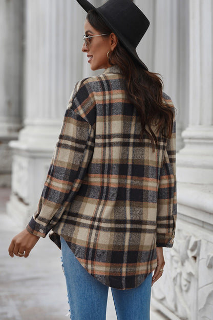 Plaid Curved Hem Dropped Shoulder Longline Shirt Jacket-Angel Casuals