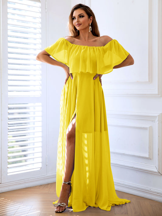 Off-Shoulder Layered Split Maxi Dress-Angel Casuals