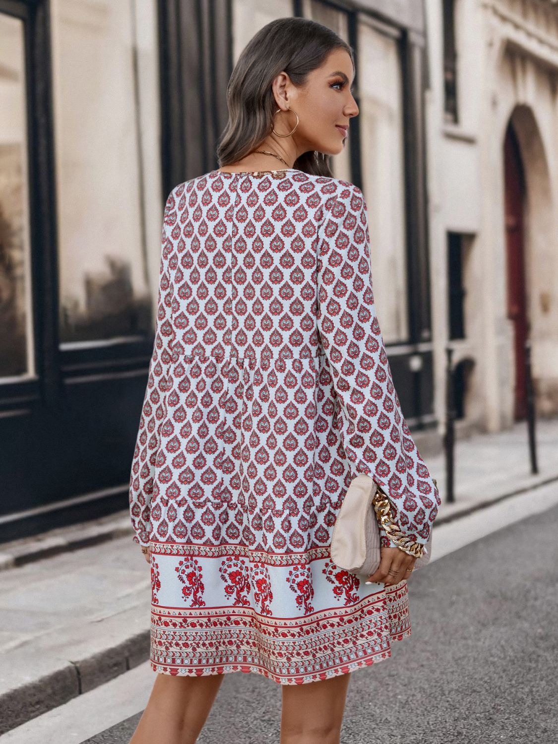 Printed Tie Neck Long Sleeve Dress-Angel Casuals