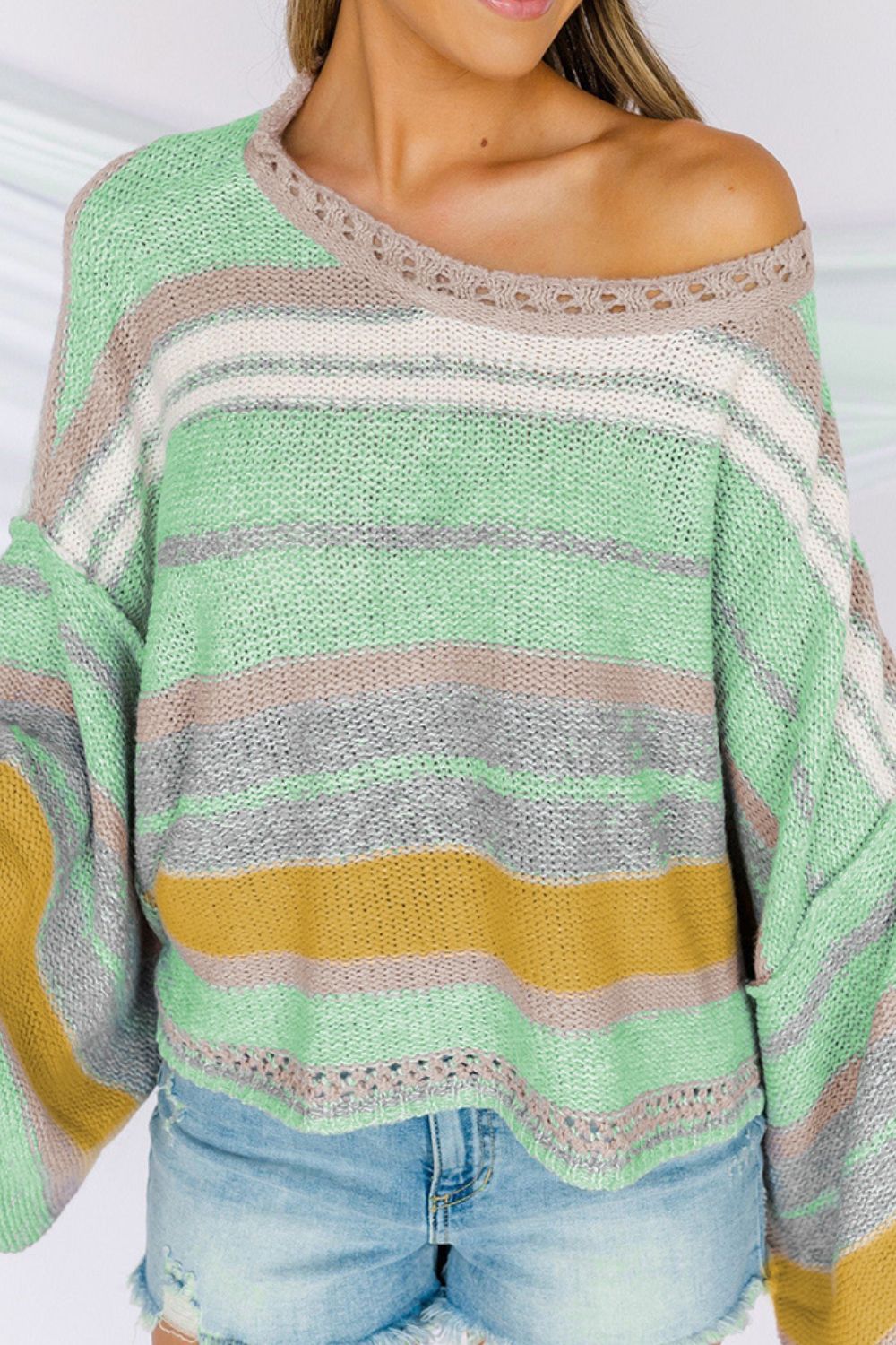 Contrast Striped Boat Neck Dropped Shoulder Sweater-Angel Casuals