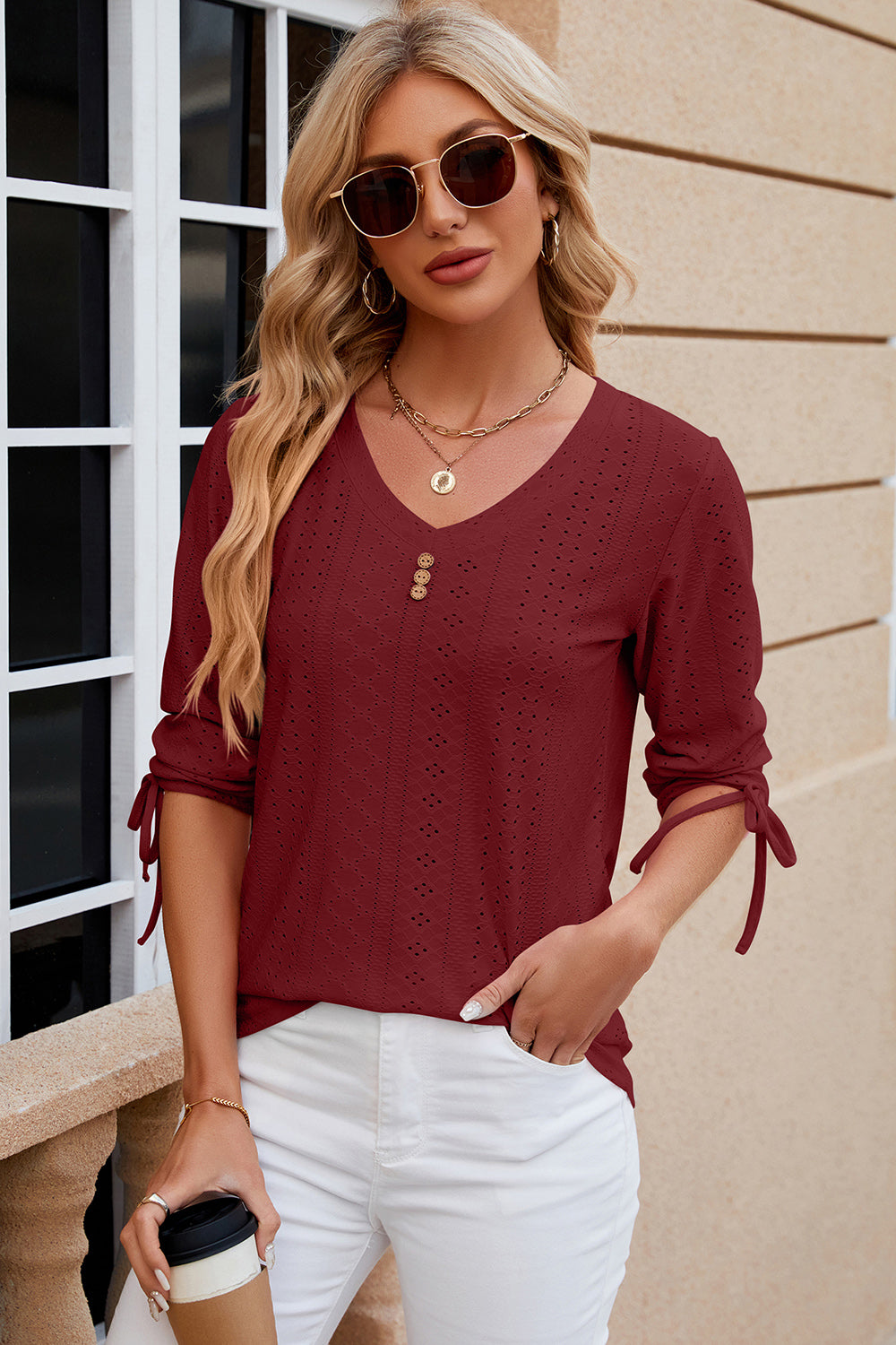Eyelet Drawstring V-Neck Half Sleeve T-Shirt-Angel Casuals