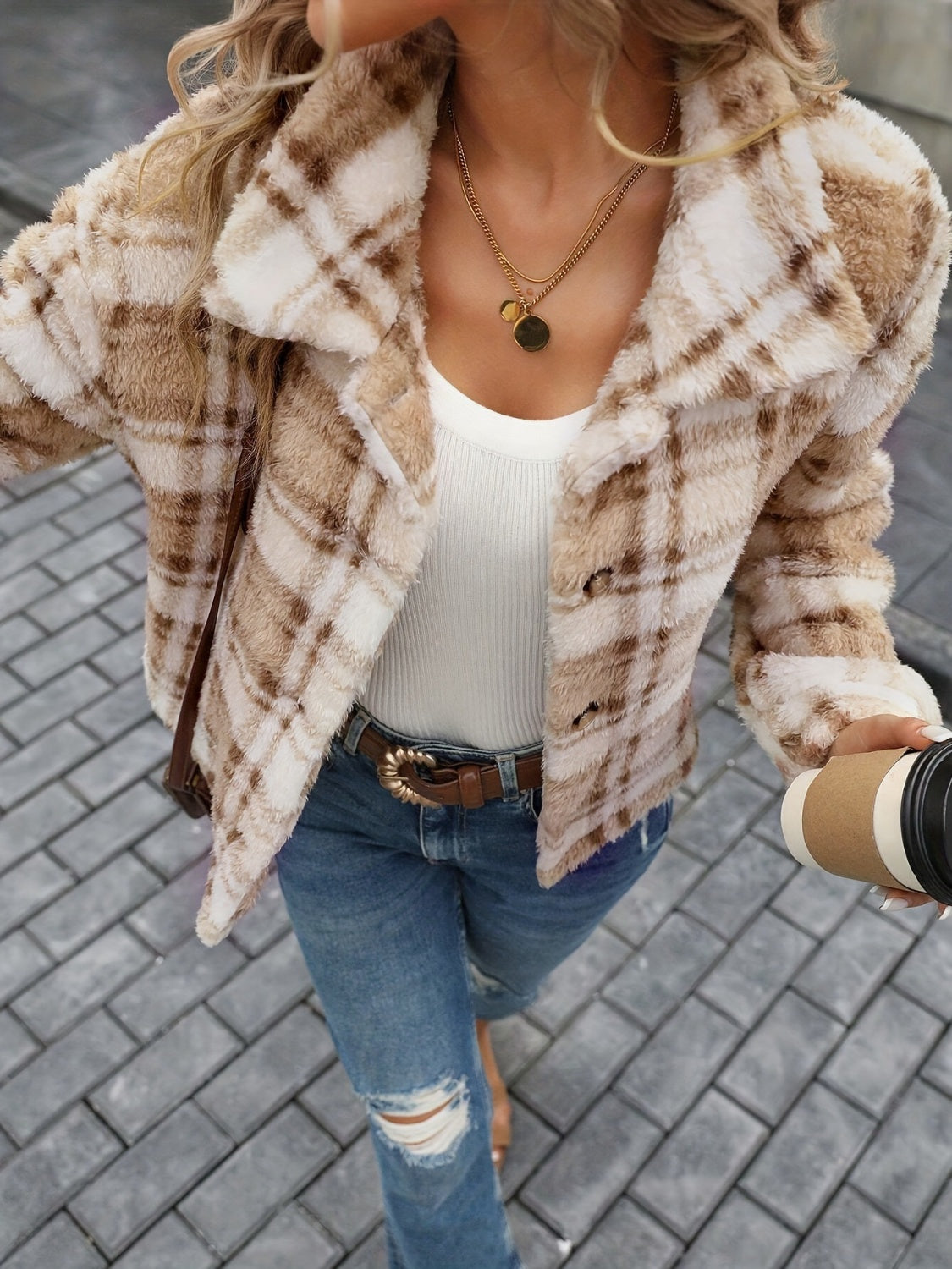 Plaid Button Up Collared Neck Long Sleeve Jacket-Angel Casuals