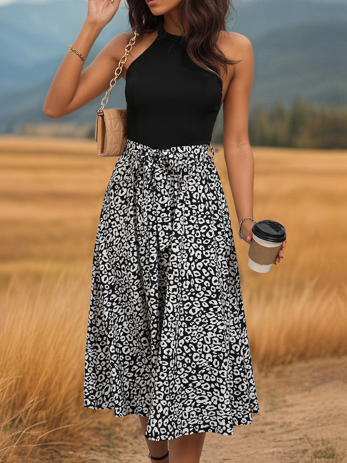 Leopard Halter Neck Midi Dress-Angel Casuals