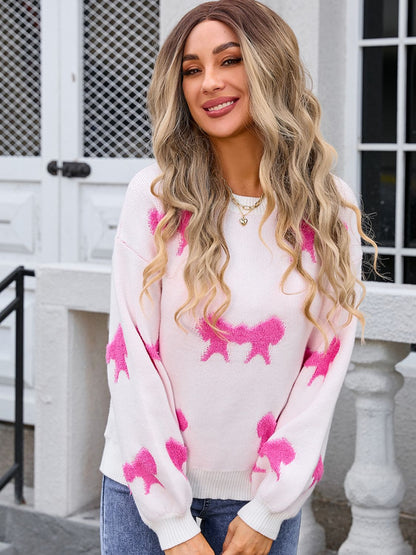 Angel Wings Bow Round Neck Dropped Shoulder Sweater-Angel Casuals