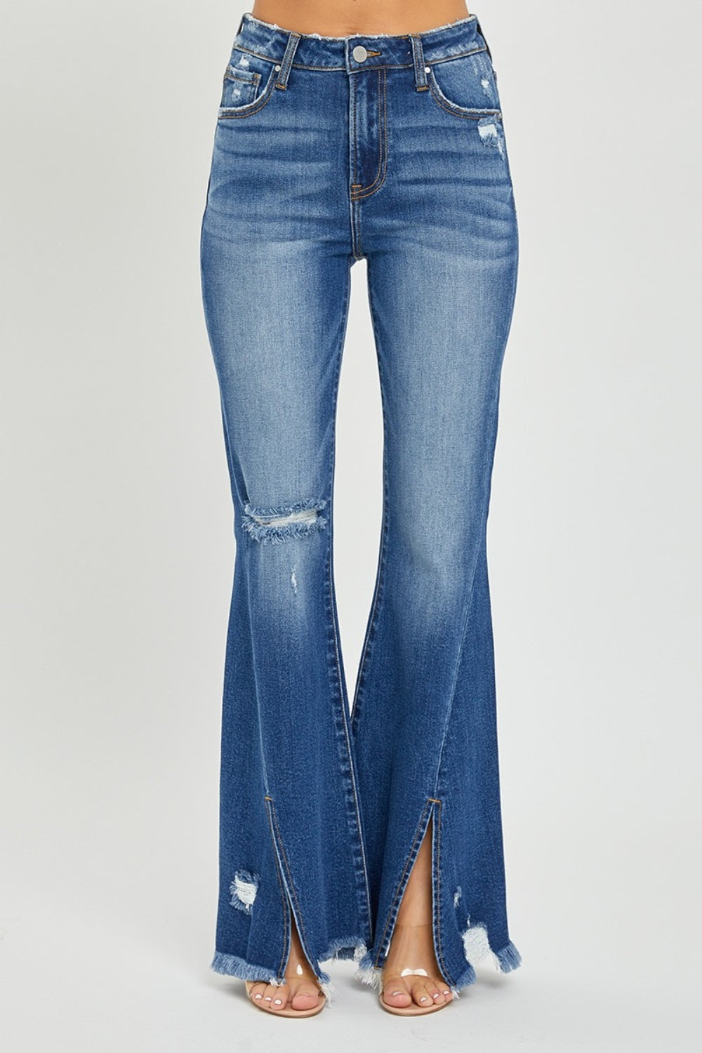 RISEN Full Size High Rise Front Slit Frayed Hem Flare Jeans-Angel Casuals