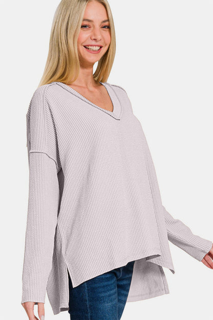 Zenana Texture Exposed Seam V-Neck Long Sleeve T-Shirt-Angel Casuals