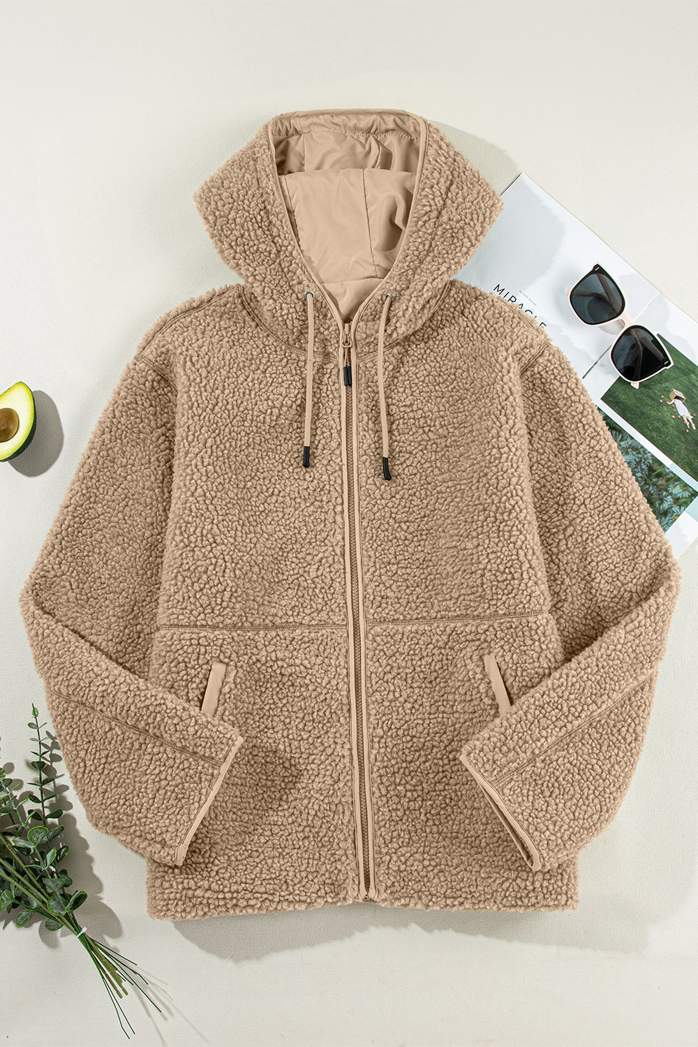 Drawstring Fleece Zip Up Hooded Jacket-Angel Casuals
