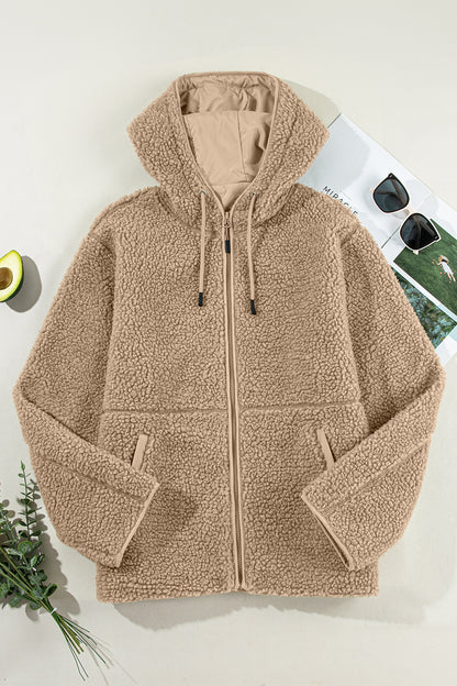 Drawstring Fleece Zip Up Hooded Jacket-Angel Casuals