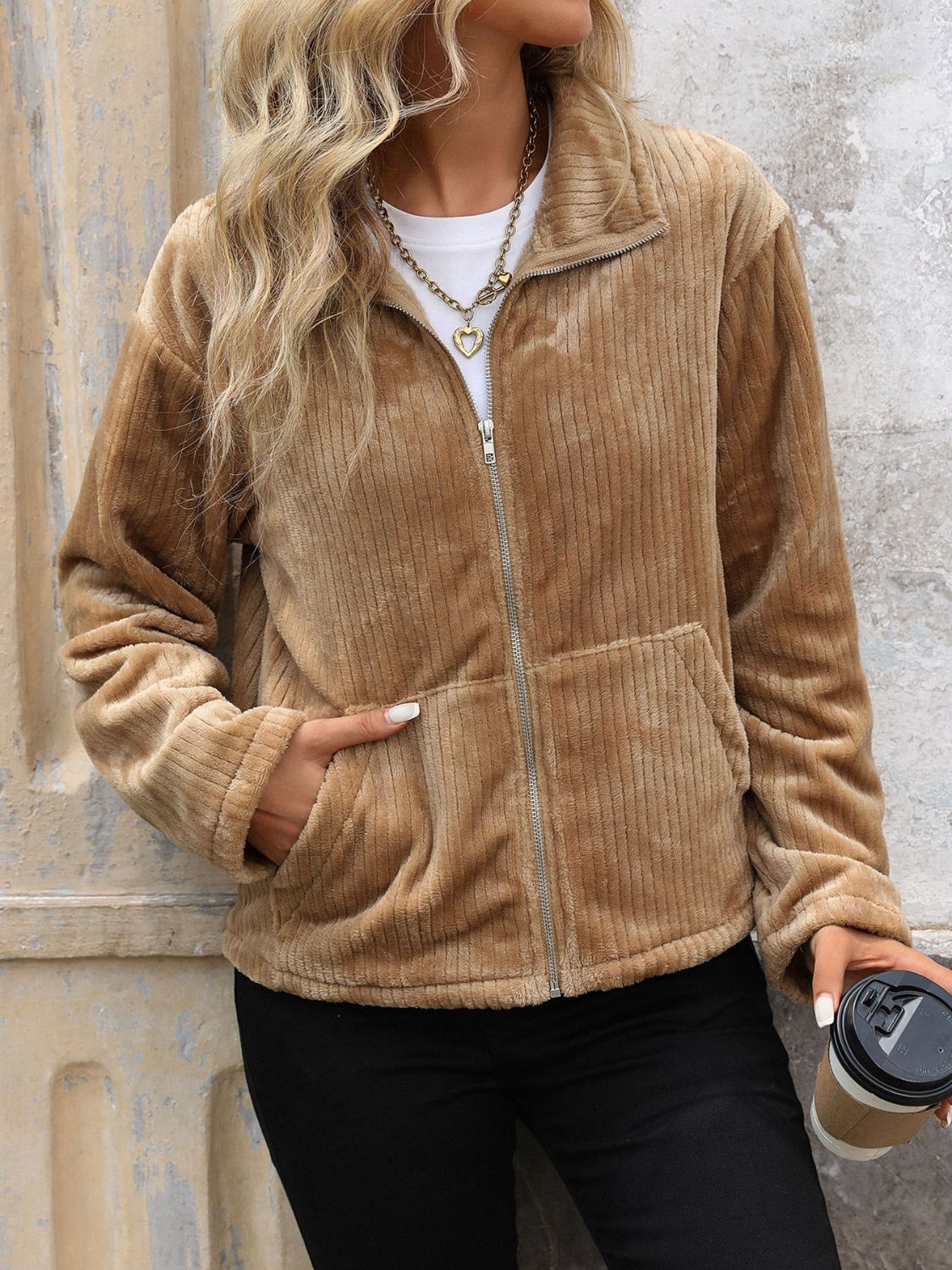 Perfee Pocketed Zip Up Collared Neck Long Sleeve Jacket-Angel Casuals
