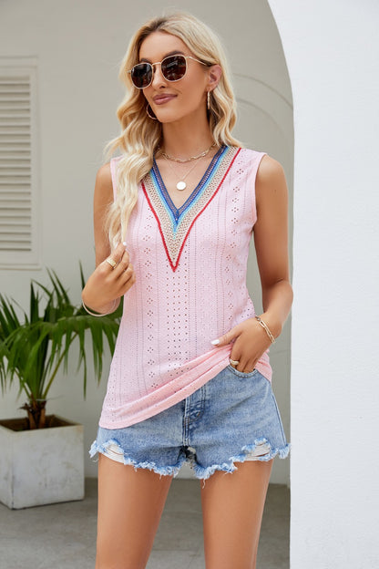 Contrast V-Neck Eyelet Tank-Angel Casuals