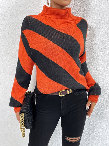 Striped Turtleneck Dropped Shoulder Sweater-Angel Casuals