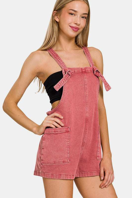 Zenana Washed Knot Strap Rompers-Angel Casuals