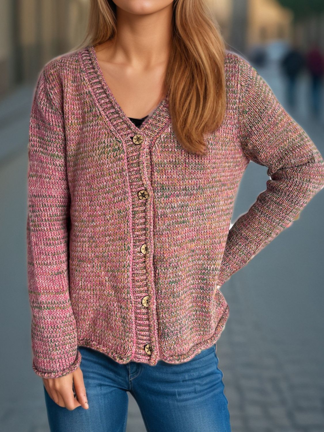 Heathered V-Neck Long Sleeve Cardigan-Angel Casuals