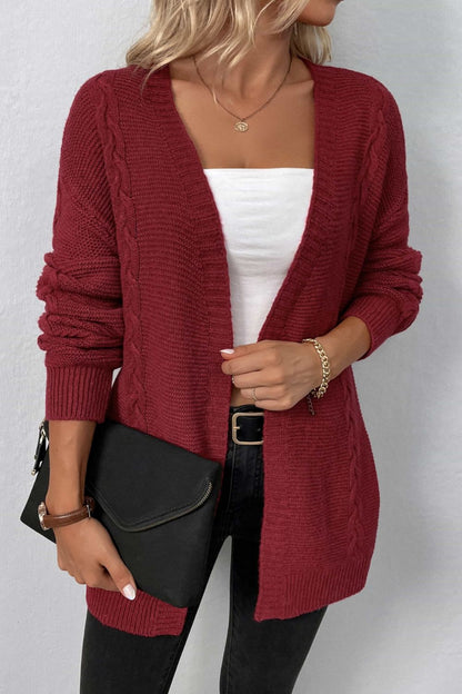 Cable-Knit Open Front Cardigan with Pockets-Angel Casuals