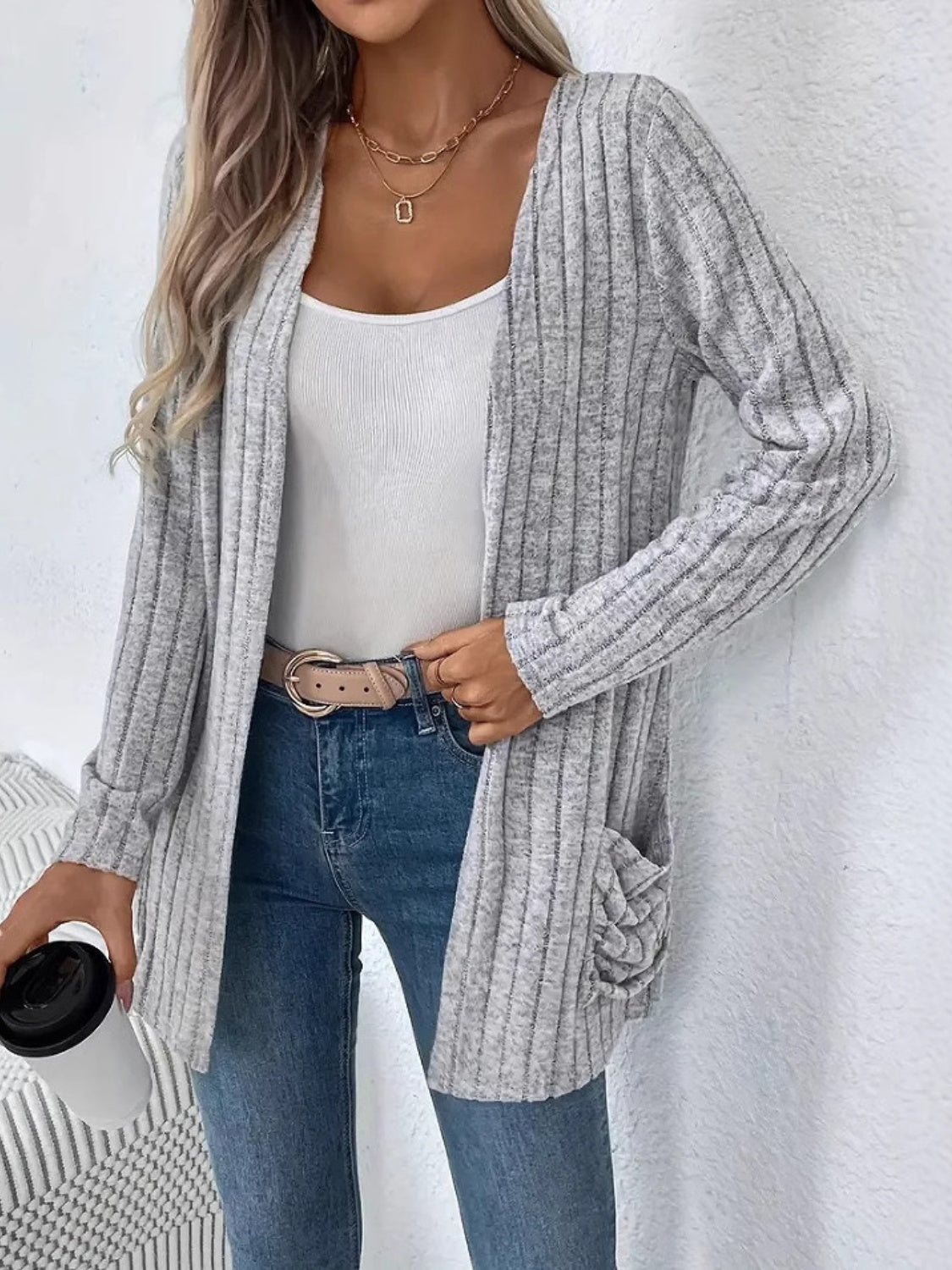 Ribbed Open Front Long Sleeve Cardigan with Pockets-Angel Casuals