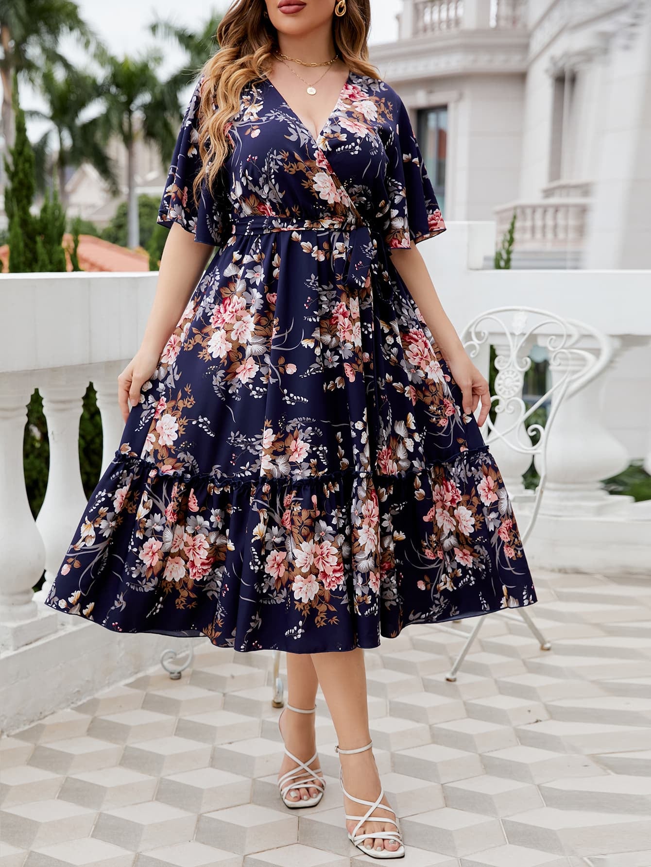 Plus Size Floral Surplice Neck Midi Dress-Angel Casuals