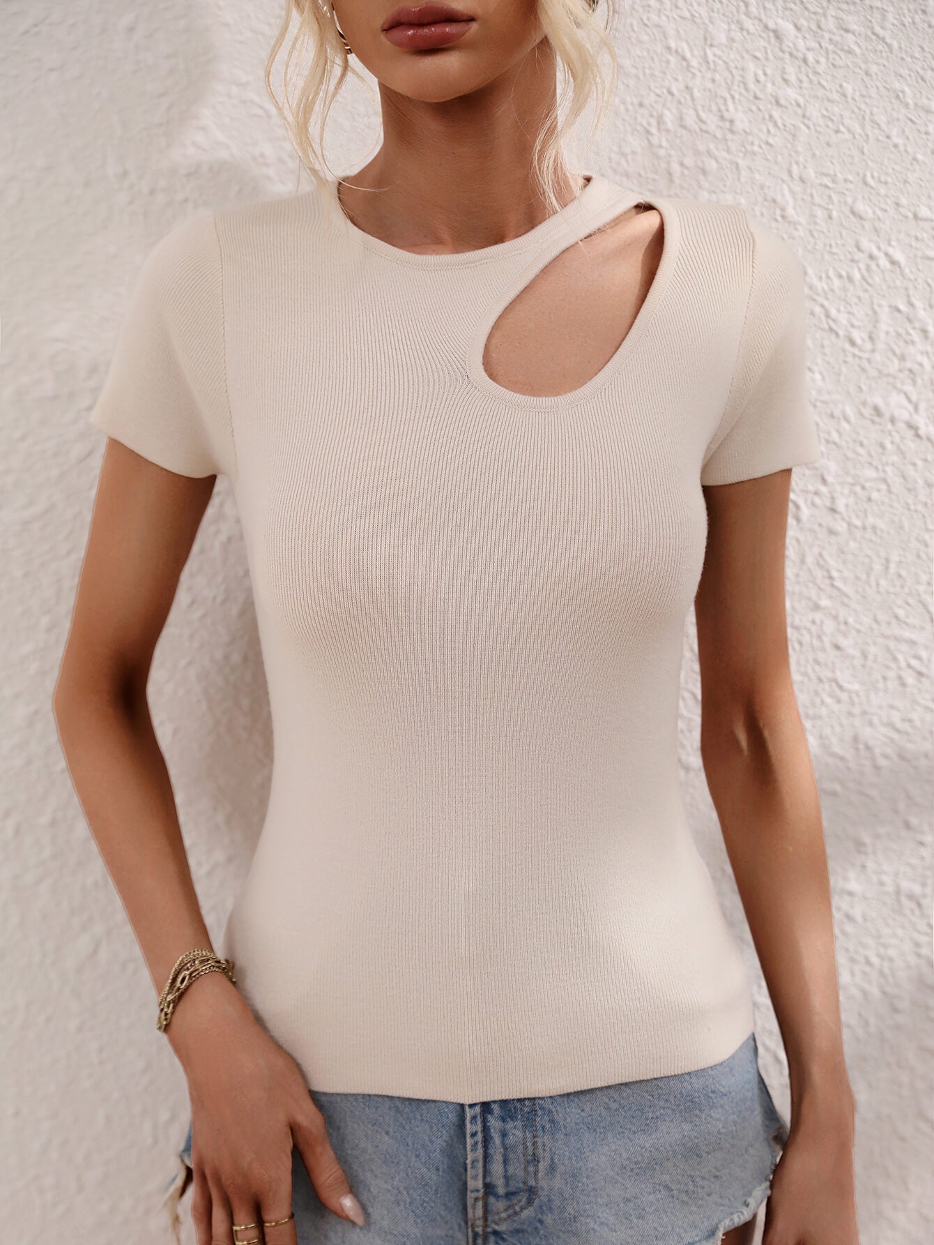 Cutout Round Neck Short Sleeve Knit Top-Angel Casuals