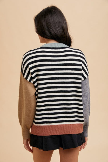 Annie Wear Striped Color Block Round Neck Sweater-Angel Casuals