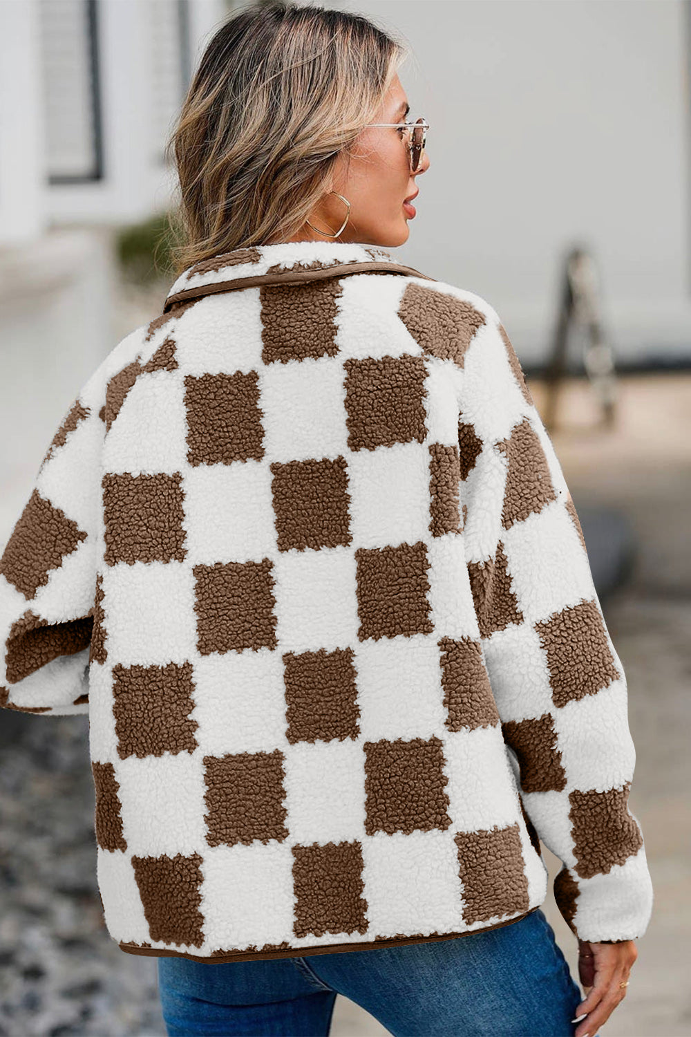 Checkered Snap Down Long Sleeve Teddy Jacket-Angel Casuals