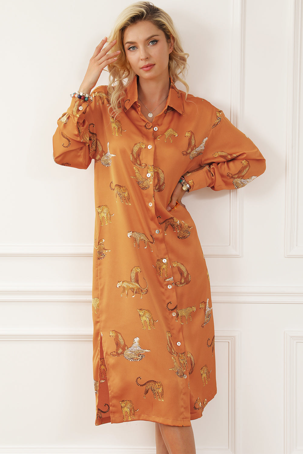 Animal Pattern Long Sleeve Slit Shirt Dress-Angel Casuals