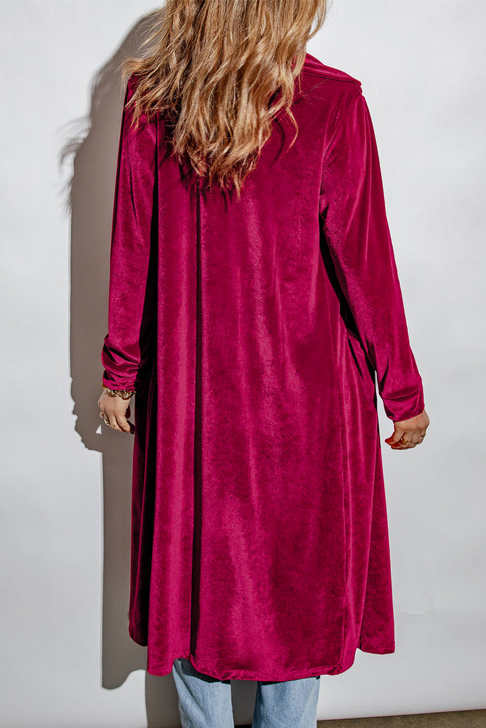 Collared Neck Longline Velvet Cardigan with Pockets-Angel Casuals