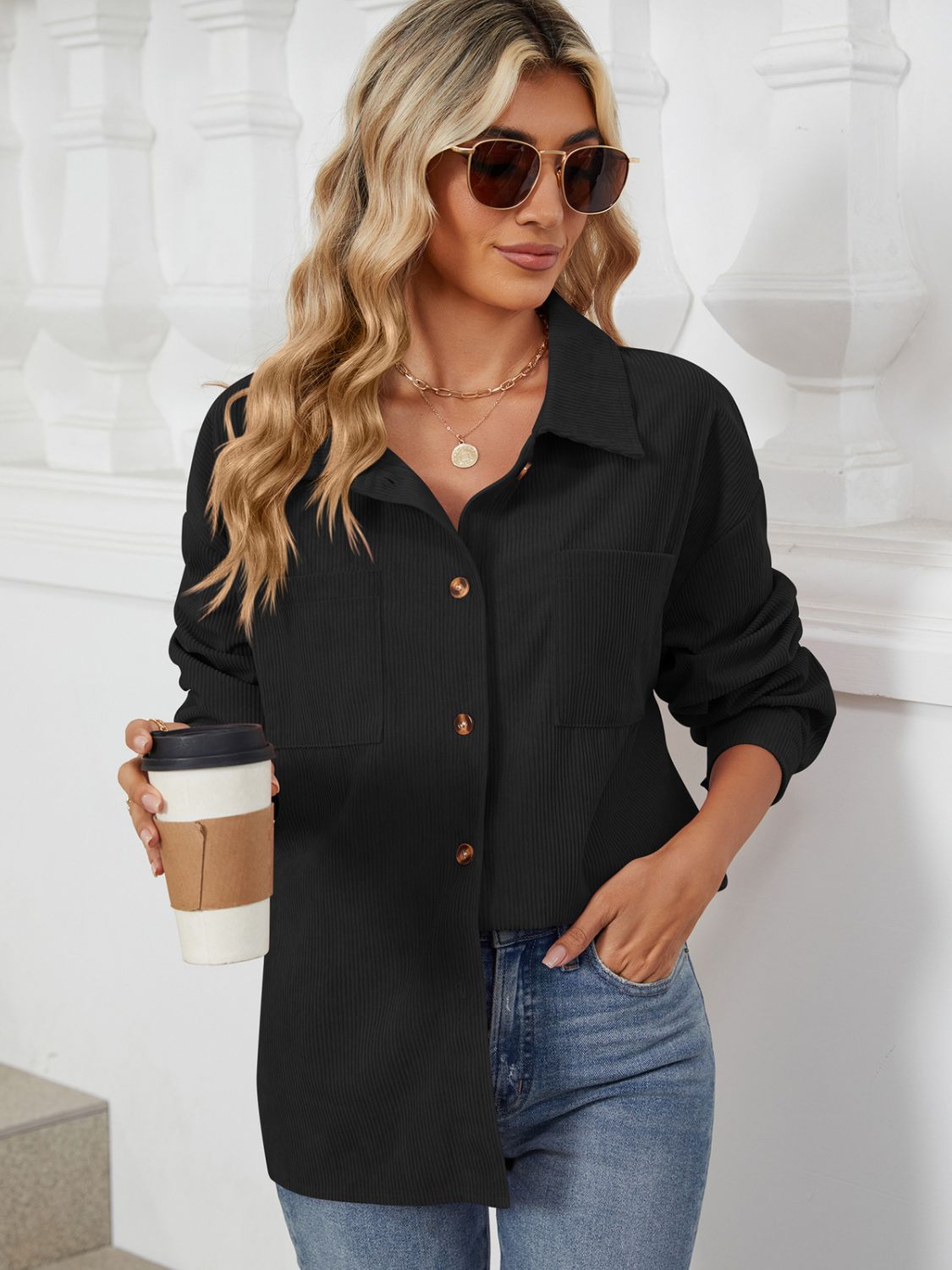 Button Up Dropped Shoulder Long Sleeve Outerwear-Angel Casuals