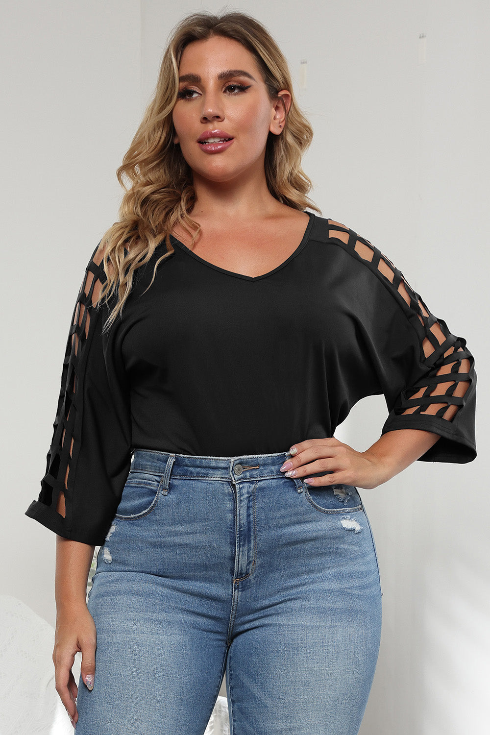 3/4 Sleeve Cutout Detail Top-Angel Casuals