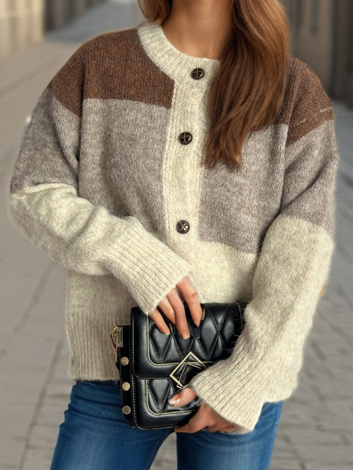 Color Block Round Neck Button Up Cardigan-Angel Casuals