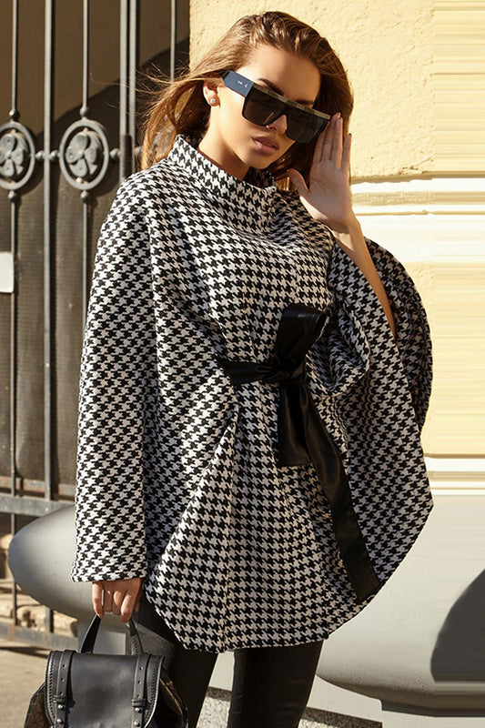 Houndstooth Tie Waist Trench Coat-Angel Casuals