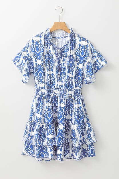 Printed Tie Neck Short Sleeve Mini Dress-Angel Casuals