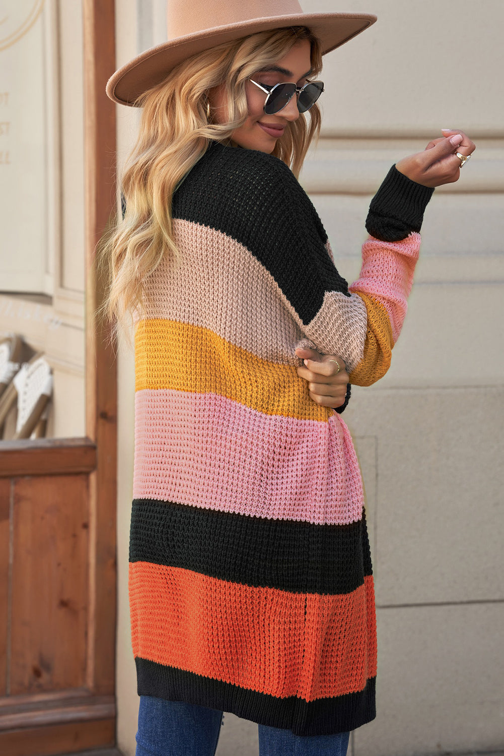 Striped Waffle Knit Open Front Cardigan-Angel Casuals