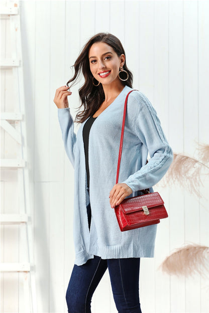 Cable-Knit Open Front Long Sleeve Cardigan-Angel Casuals