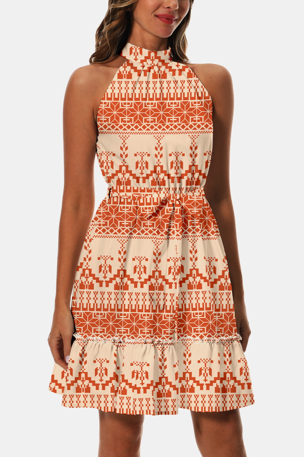 Printed Tie Waist Frill Trim Dress-Angel Casuals