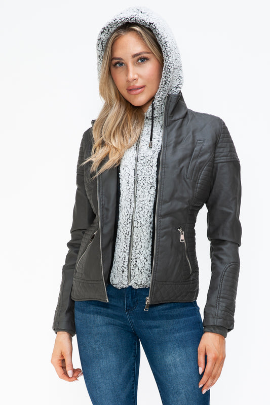 YMI Faux Layered Double-Zipper Jacket with Fuzzy Hood-Angel Casuals