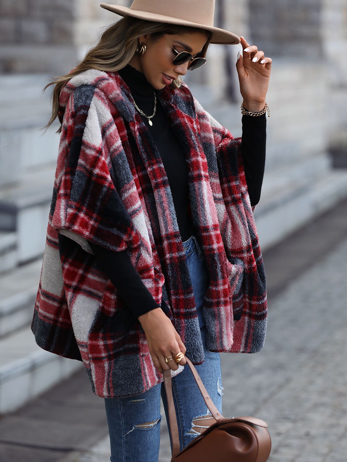 Plaid Hooded Coat with Pockets-Angel Casuals