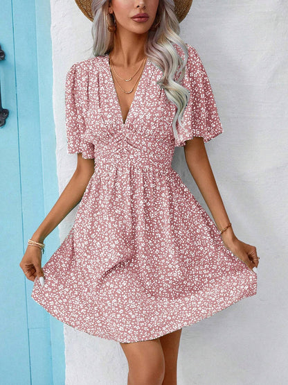 Printed V-Neck Half Sleeve Mini Dress-Angel Casuals