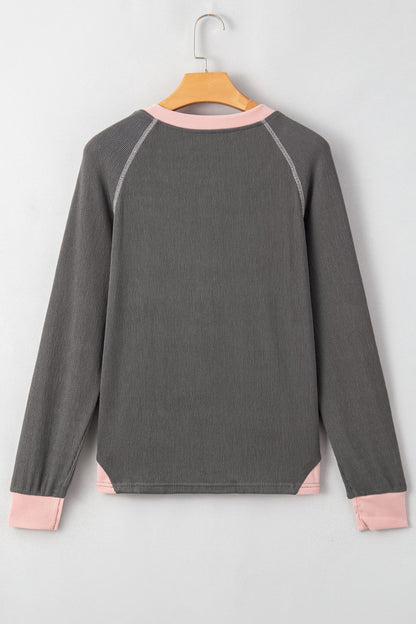 Textured Contrast Stitching Raglan Sleeve Top-Angel Casuals