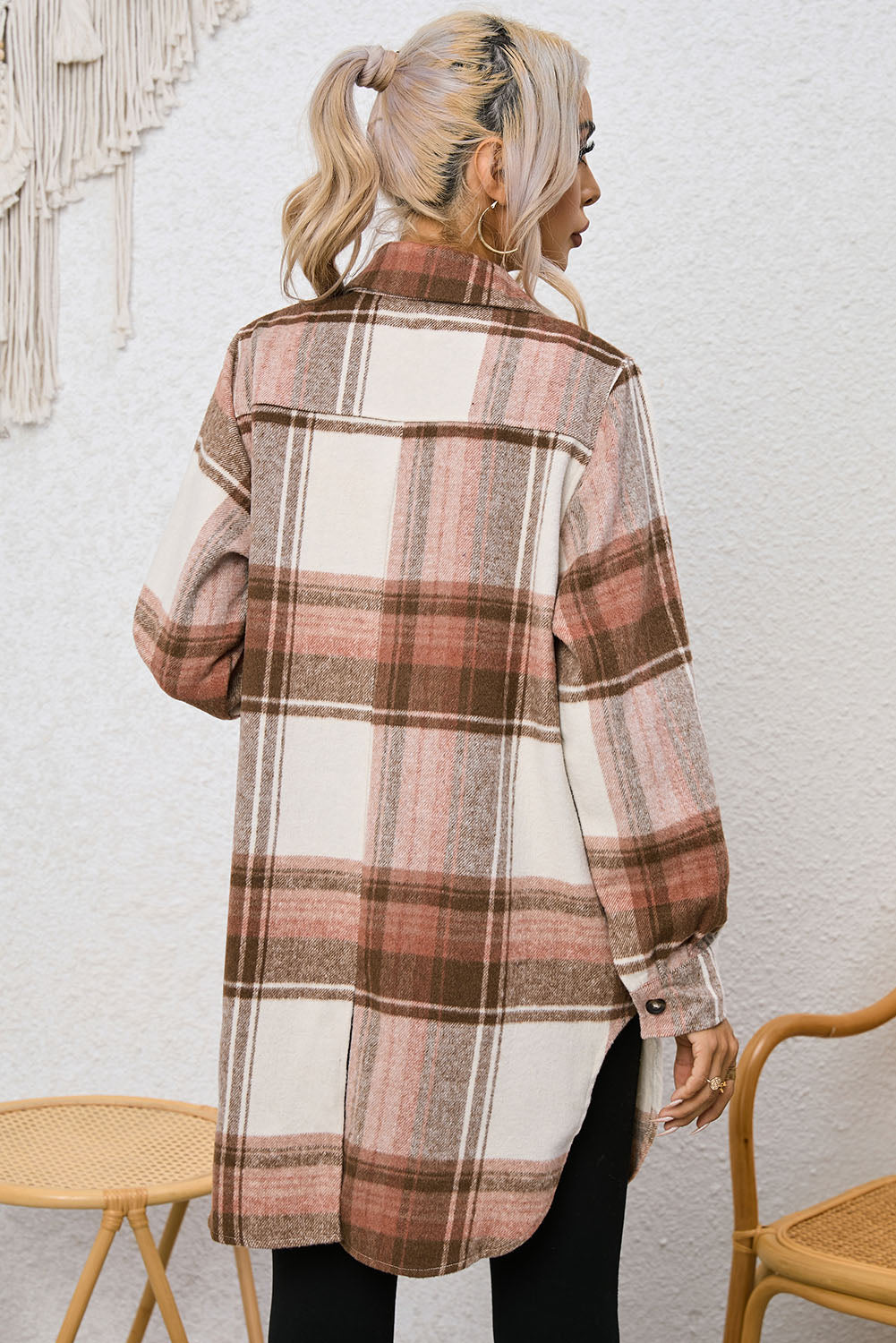 Plaid Collared Neck Longline Jacket-Angel Casuals