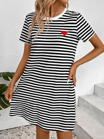 Striped Round Neck Short Sleeve Dress-Angel Casuals