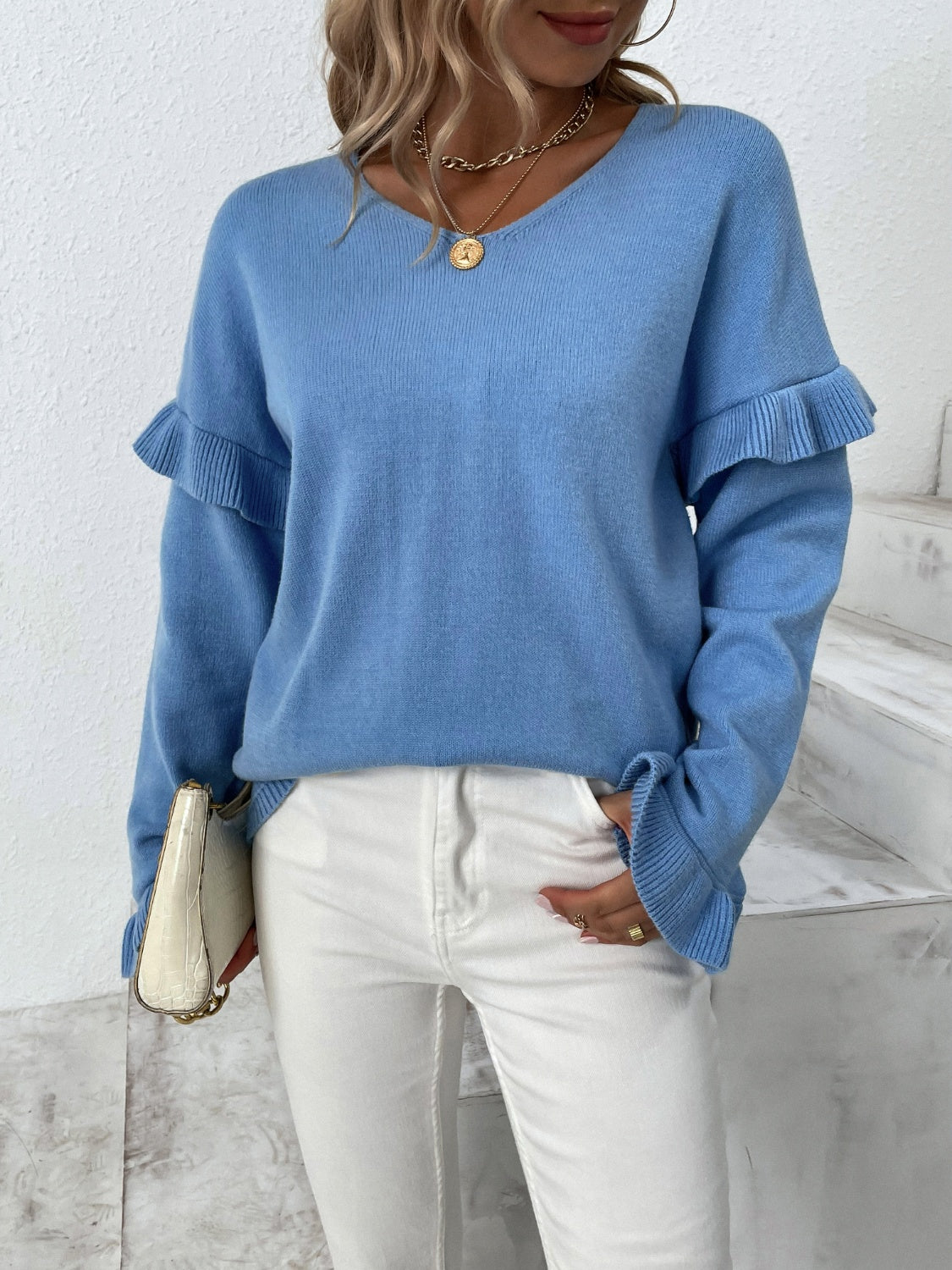 Ruffled V-Neck Dropped Shoulder Sweater-Angel Casuals