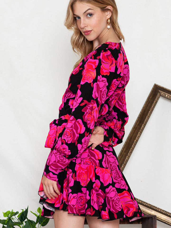 Floral Print Surplice Neck Long Sleeve Dress-Angel Casuals