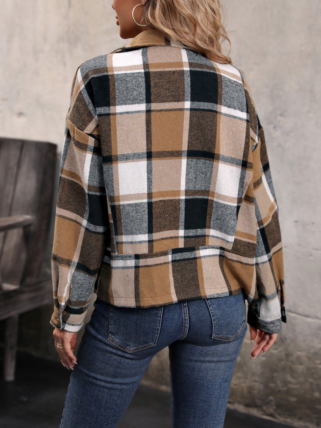 Perfee Plaid Collared Neck Long Sleeve Jacket-Angel Casuals