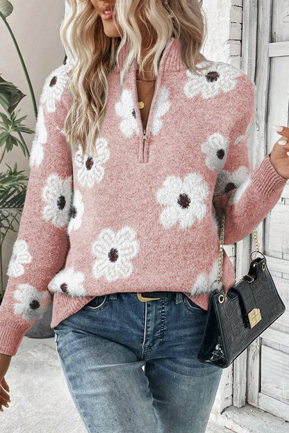 Flower Half Zip Long Sleeve Sweater-Angel Casuals