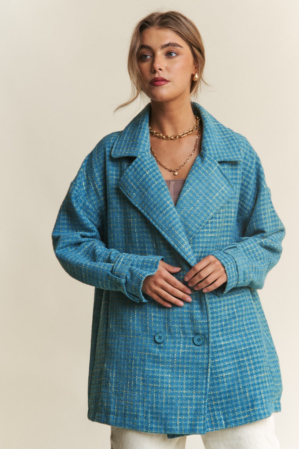 J.NNA Tweed Double-Breasted Long Sleeve Coat-Angel Casuals