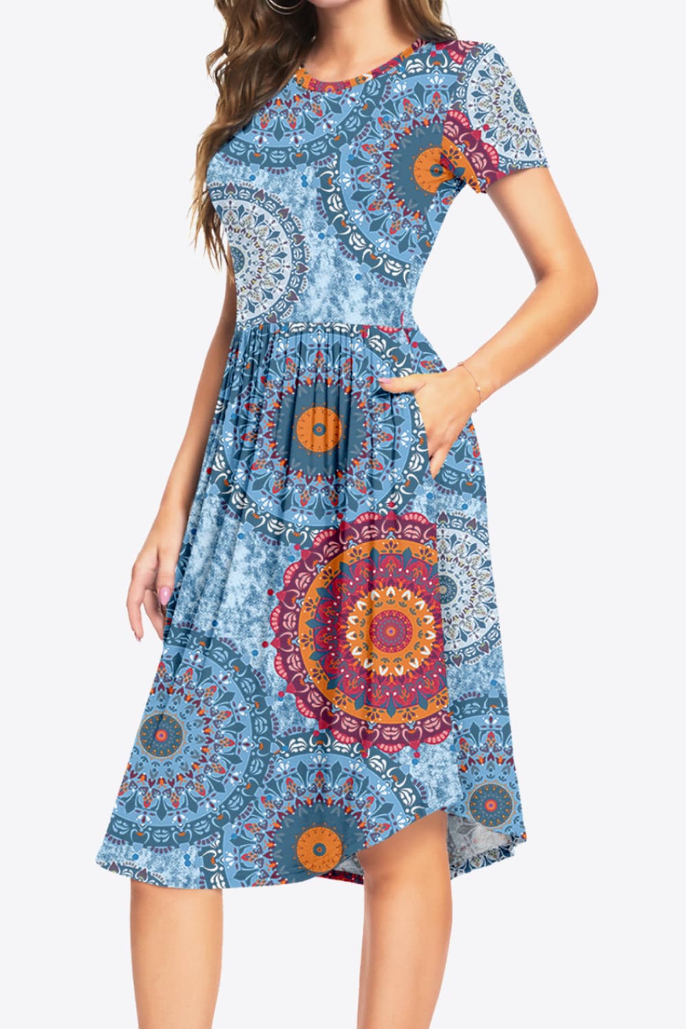 Printed Round Neck Short Sleeve Dress with Pockets-Angel Casuals