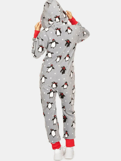 Printed Zip Up Long Sleeve Hooded Jumpsuit-Angel Casuals