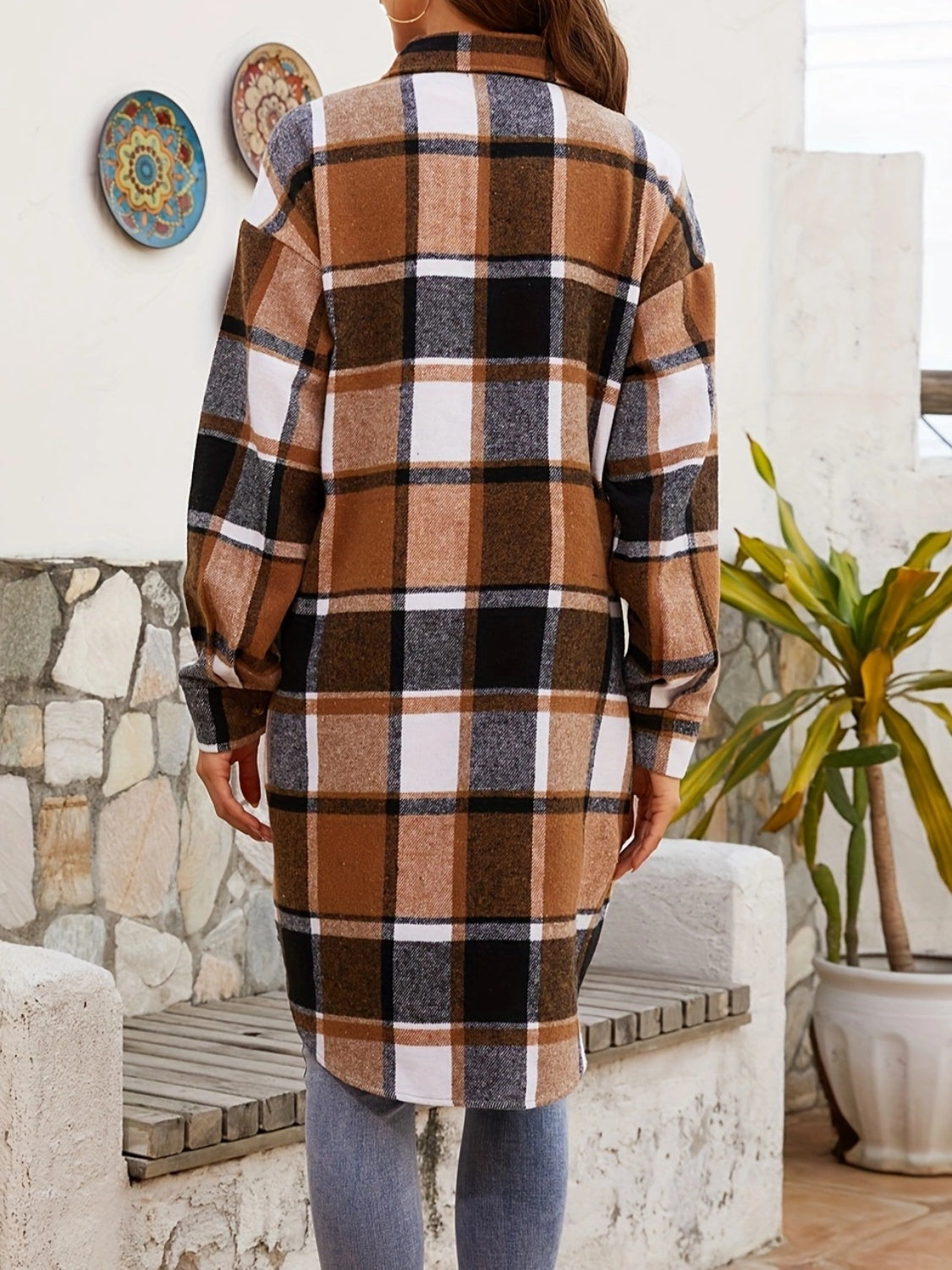 Plaid Collared Neck Long Sleeve Jacket-Angel Casuals